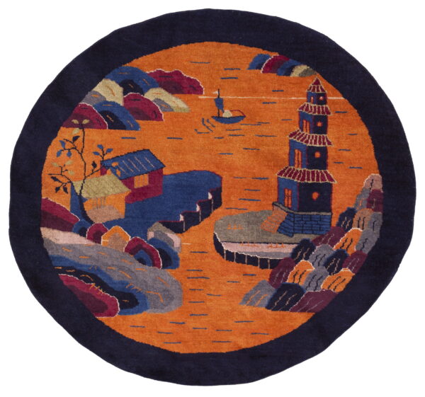 Circular navy-bordered rug displaying an orange water scene with a pagoda, boat, and colorful stylized cliffs.