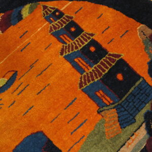 Orange round rug with a navy border featuring a detailed blue pagoda and a small stylized sailboat.