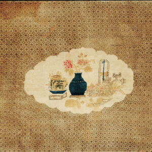 Tan rug with overall geometric patterns and a central ivory oval showing a blue vase and pink flowers.