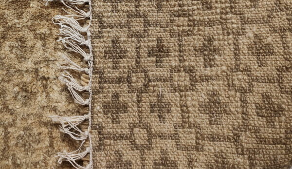 A tan and brown rug edge showing shaggy pile, white knotted fringe, and a geometric looped texture.
