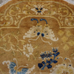 Close-up of a high-pile rug with tan, gold, cream, and blue floral motifs, bordered by light wood flooring.