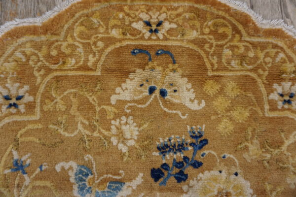 Close-up of a high-pile rug with tan, gold, cream, and blue floral motifs, bordered by light wood flooring.