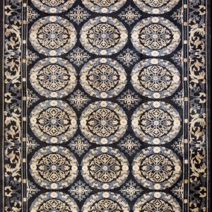 Black rug featuring repeating circular beige and blue floral medallions and a detailed border.