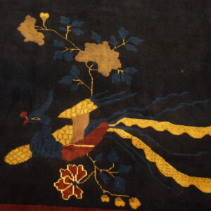 High-pile dark rug featuring a stylized yellow and deep red bird motif with blue floral accents.