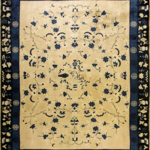 Cream field rug featuring a scattered blue vine design surrounded by a detailed black and navy border.