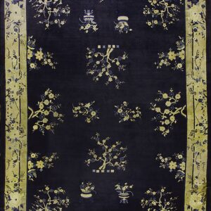 Dark navy high-pile rug featuring scattered gold and blue floral motifs within a wide olive border.