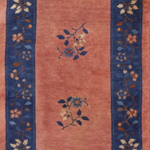 The high-pile rug has a salmon field and a blue border with stylized botanical designs.