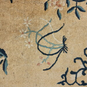 Detail of a textured tan rug showing blue and cream floral patterns and a dark blue border stripe.