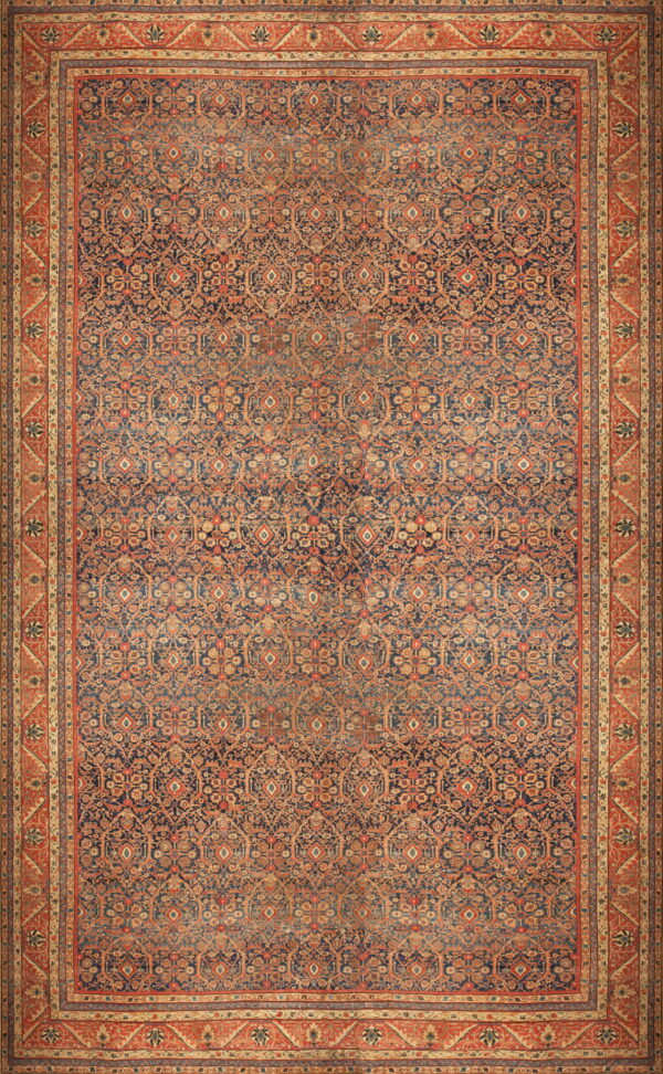 Traditional rug featuring a dense floral pattern on a navy blue field with wide rust orange borders.