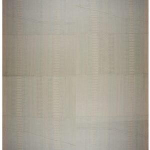Flatwoven rug in pale teal and off-white with repeating horizontal and chevron geometric motifs.