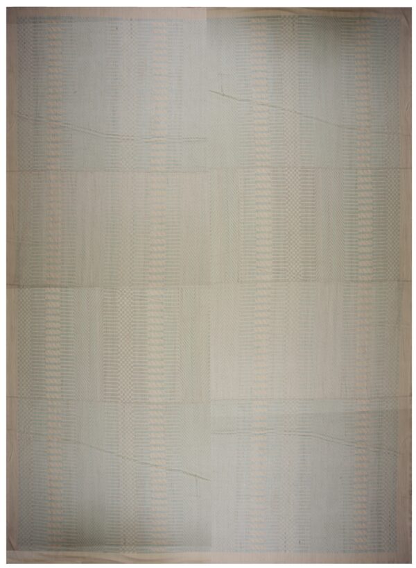 Flatwoven rug in pale teal and off-white with repeating horizontal and chevron geometric motifs.