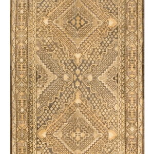 Traditional rug featuring a large geometric diamond medallion in tan, brown, and grayish-khaki tones.
