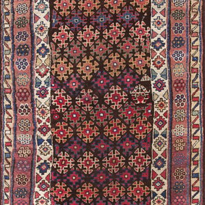 Runner rug with a dark brown field, red and blue geometric tribal motifs, and wide multi-toned rose borders.