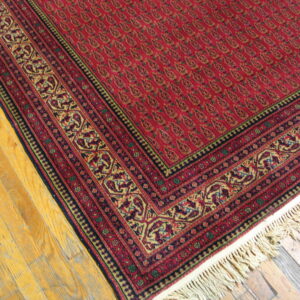 A detailed red, gold, and blue patterned rug with fringe is displayed on yellow plank hardwood floors.