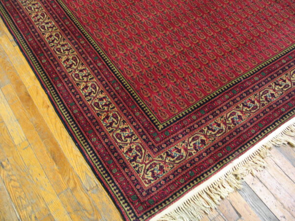 A detailed red, gold, and blue patterned rug with fringe is displayed on yellow plank hardwood floors.
