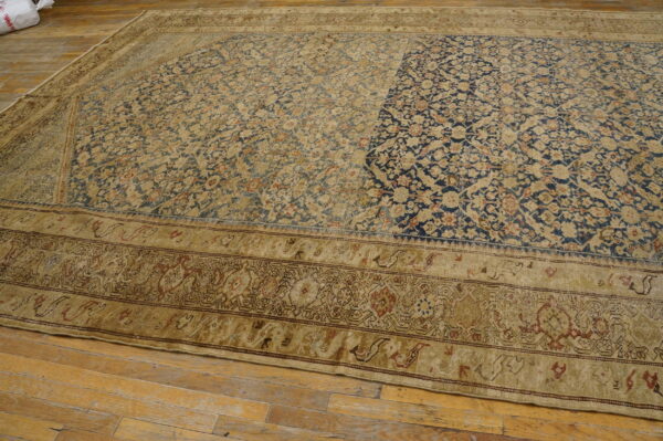 Large blue and beige patterned rug shows strong color contrast across its worn floral field on hardwood.