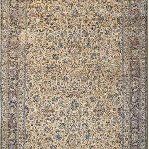 Beige traditional rug with a detailed all-over floral pattern in muted blue and earthy tones.