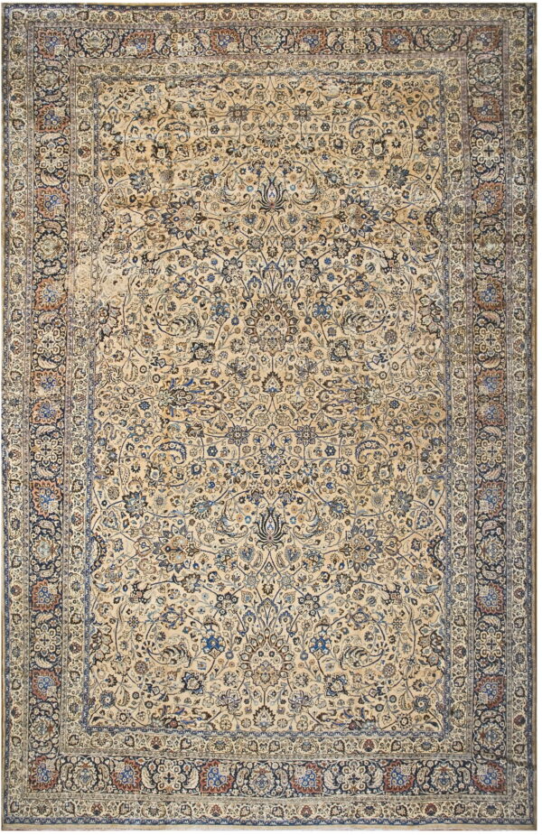 Beige traditional rug with a detailed all-over floral pattern in muted blue and earthy tones.