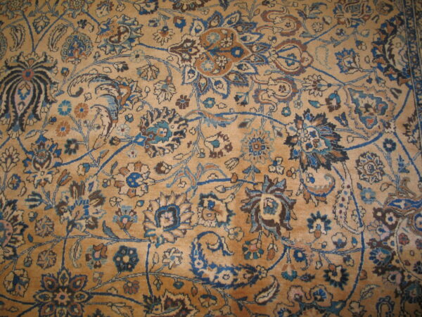 Detailed view of a tan rug featuring an intricate floral pattern in shades of blue and brown.