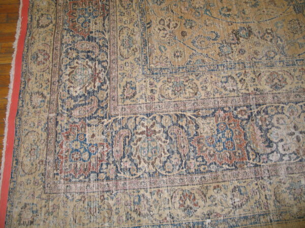 Low-pile rug with a faded tan ground, ornate blue, red, and pink patterns on a wood floor.