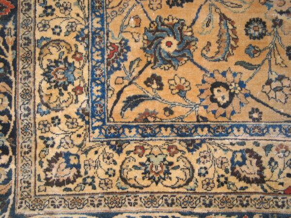 Close-up showing a tan rug field with detailed blue and brown traditional floral medallions and borders.