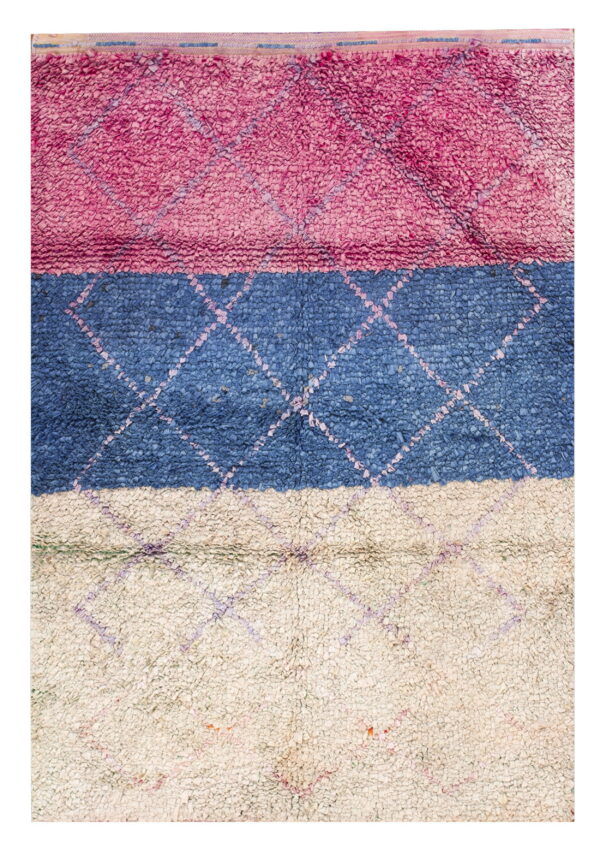 Textured, high-pile rug with horizontal blocks of pink, blue, and cream and a contrasting diamond pattern.