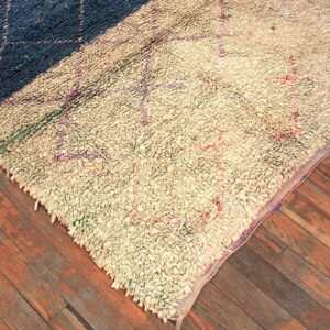 High-pile shag rug split between dark blue and off-white sections rests on a brown plank floor.