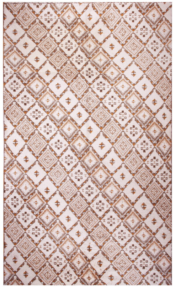 Full view of a high-pile cream rug with a geometric diamond pattern in warm brown tones.