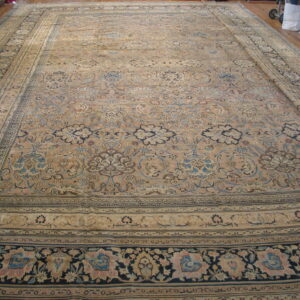 Faded tan rug with intricate blue and pink floral patterns features a dark navy main border.