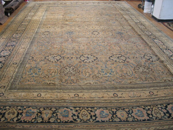 Faded tan rug with intricate blue and pink floral patterns features a dark navy main border.