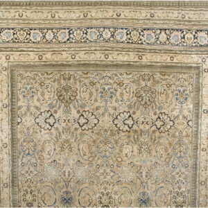 Intricate low-pile rug featuring light beige, blue, and brown traditional floral medallions and multiple borders.