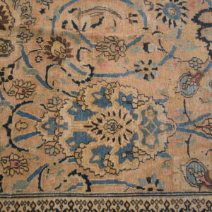 Close-up of a low-pile rug with a tan field and faded blue, brown, and pink traditional floral motifs.