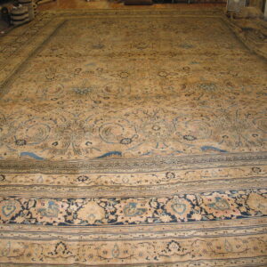 Oversize low-pile rug featuring intricate blue and beige floral patterns is displayed on wood flooring.