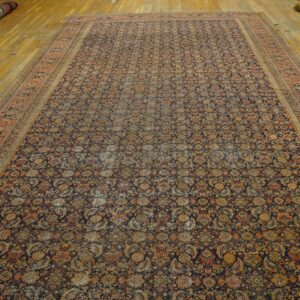 Dark patterned rug with gold and rust floral motifs features a wide coral border on light wood flooring.