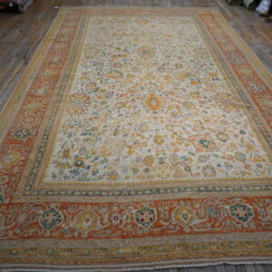 Oversized cream rug with pastel floral motifs and a wide, ornate rust border resting on wood flooring.