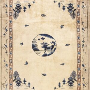 Light beige rug with a blue mythical creature medallion and brown and blue scenic borders.