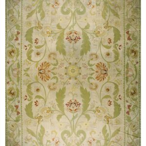 Elaborate botanical rug featuring symmetrical scrolling vines and flowers in cream, sage green, and rust tones.