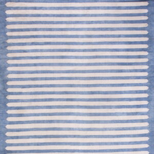 Low pile rug featuring wide horizontal blue and cream stripes with arrowhead edges.