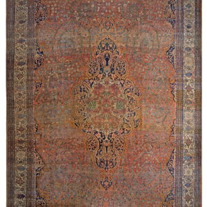 Low-pile rug with a dense traditional pattern in rust red, navy blue, green, and cream.