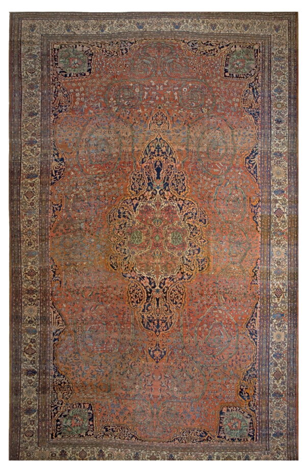 Low-pile rug with a dense traditional pattern in rust red, navy blue, green, and cream.