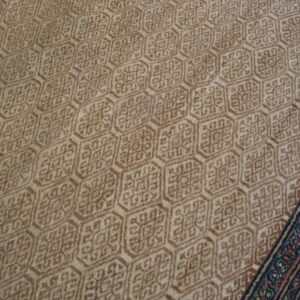 Close view of a tan and brown low-pile geometric rug next to a dark traditional border.