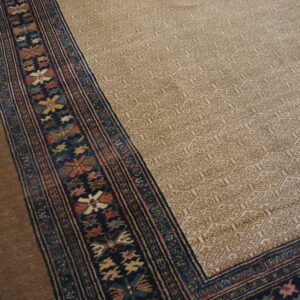 A beige rug features a tone-on-tone honeycomb pattern and a dark blue border with complex multicolored geometric motifs.
