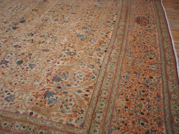 Muted cream and orange rug with a detailed botanical and bird pattern lies on wooden flooring.