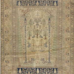 Muted beige rug with a faded green and navy central panel depicting stylized trees, swans, and wildlife.