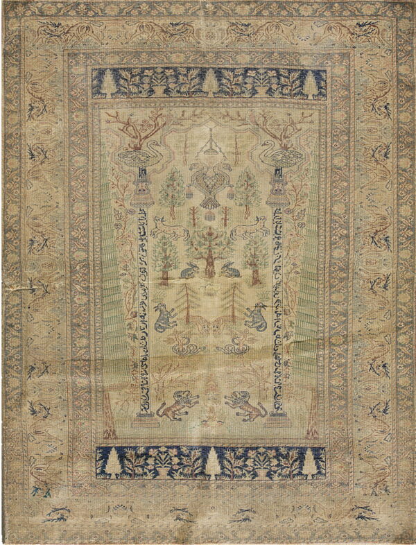 Muted beige rug with a faded green and navy central panel depicting stylized trees, swans, and wildlife.
