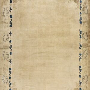 Low pile beige rug featuring a detailed border of blue cloud motifs and tan geometric patterns.