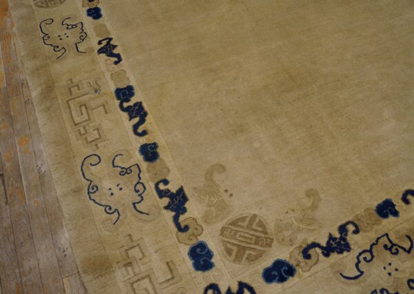 A low-pile beige rug with a blue and brown patterned border rests on plank wood flooring.