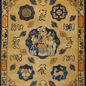 Pictorial rug in golden yellow, navy blue, and coral featuring figures, deer, and clouds on wood flooring.