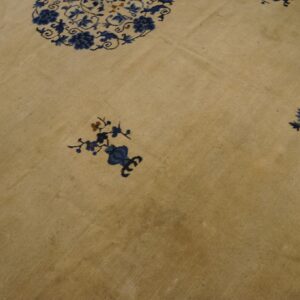 Tan area rug featuring scattered dark blue floral vases and a partial medallion motif.