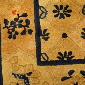 Golden tan rug corner closeup with navy blue floral designs and a wide outer border near wood flooring.
